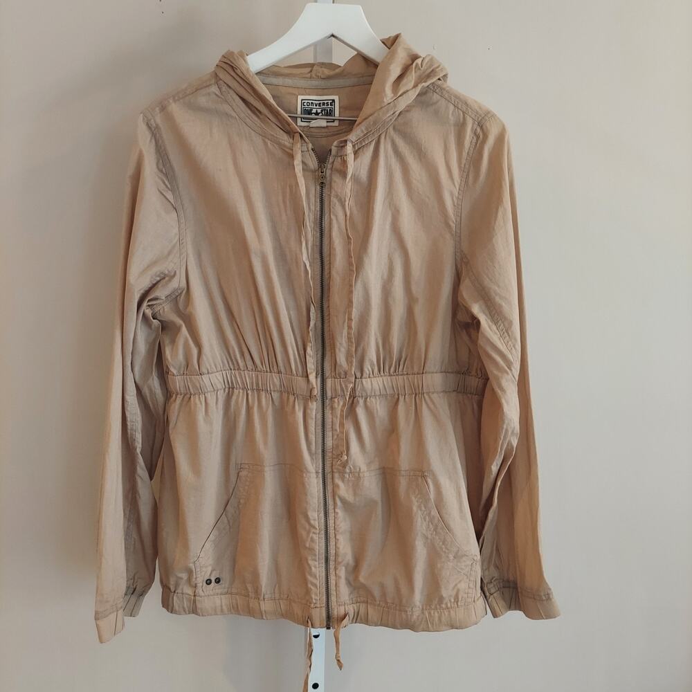 Converse One Star Jacket Size Large Beige Full Zip Pockets Semi Sheer Hooded‎